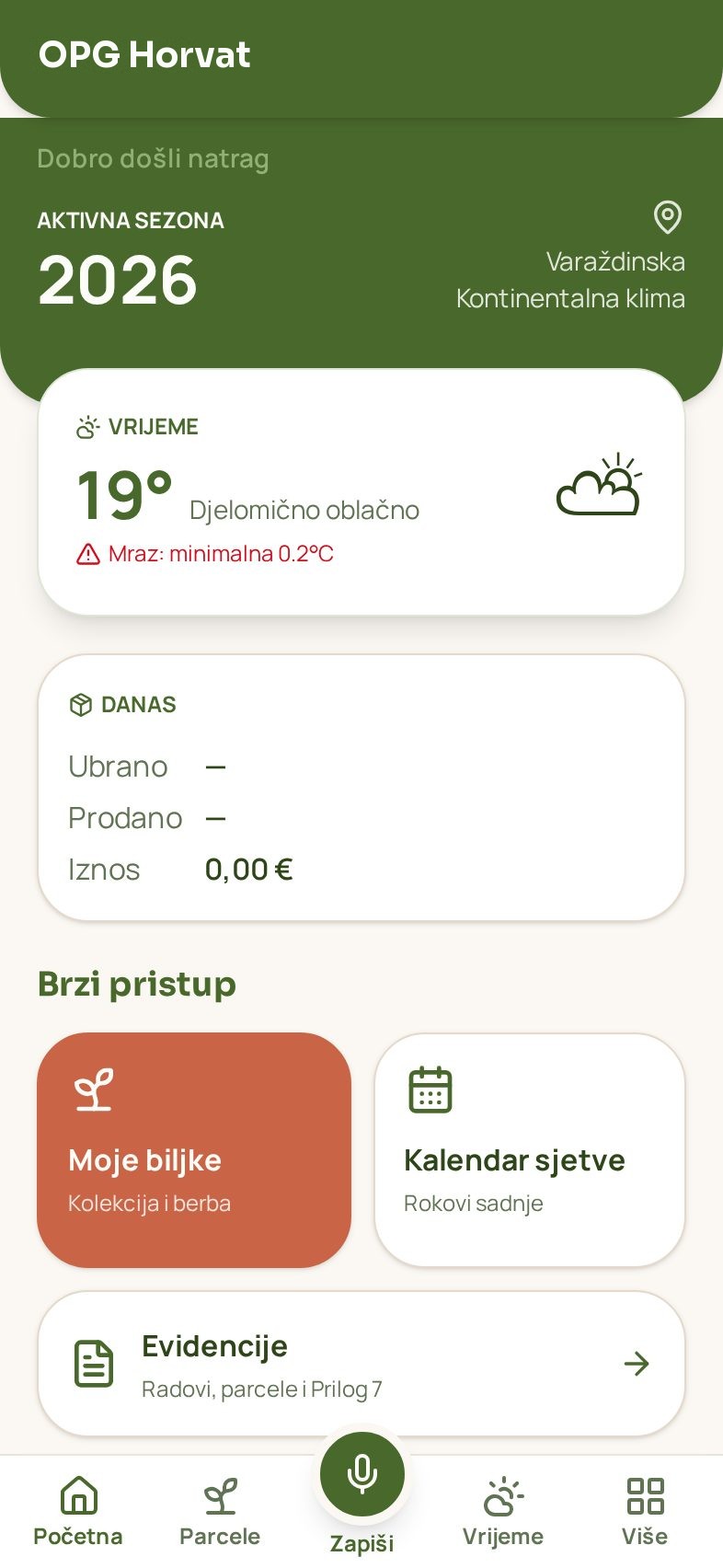 Početni zaslon aplikacije